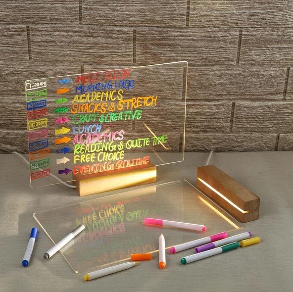 Luminious 3D Acrylic Writing DIY Board with 12 Pens LED Night Light Message Board, Rewritable Message board with Wooden stand, Dry Erase Board for Home & Office. - Memories InsiteWood message board -3